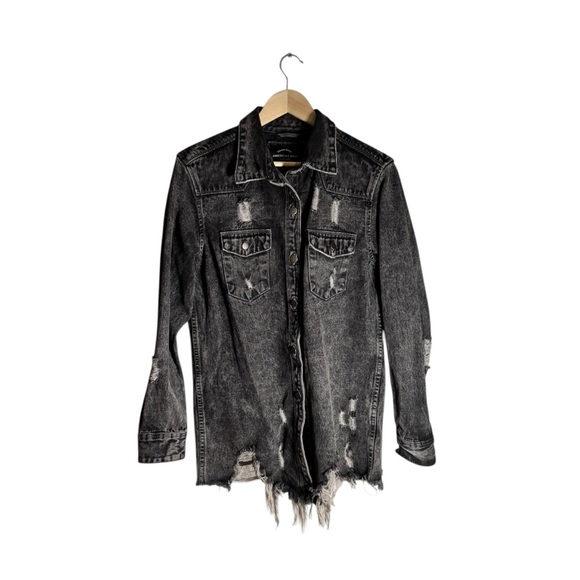 Jackets & Blazers - American Bazi Distressed Denim Jacket Oversized Black Jean Button Size Medium